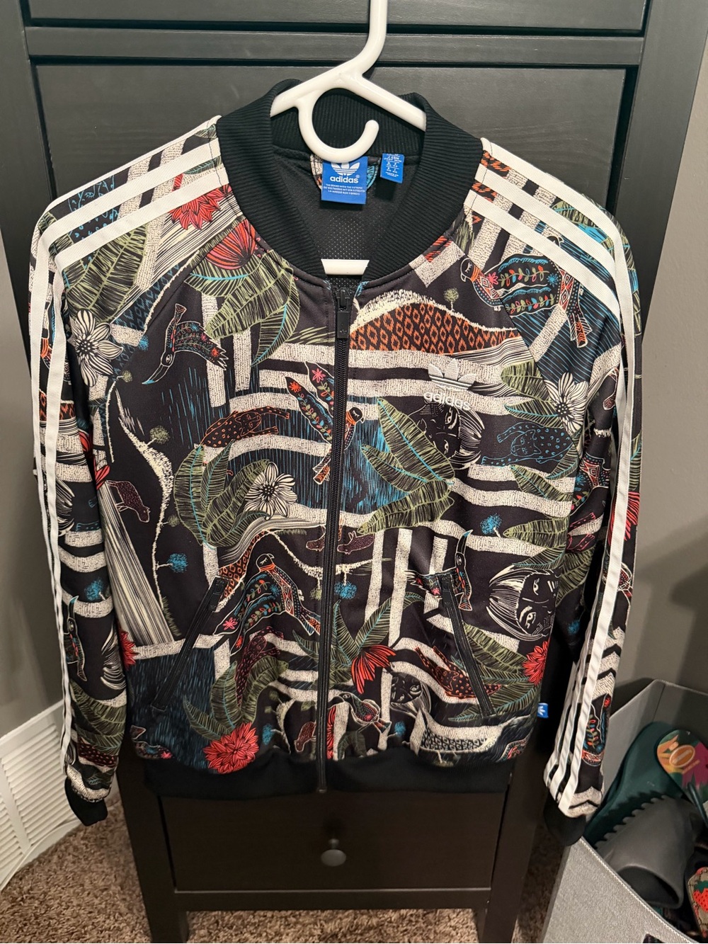 Adidas Black Jacket with Multicolor Floral Accents